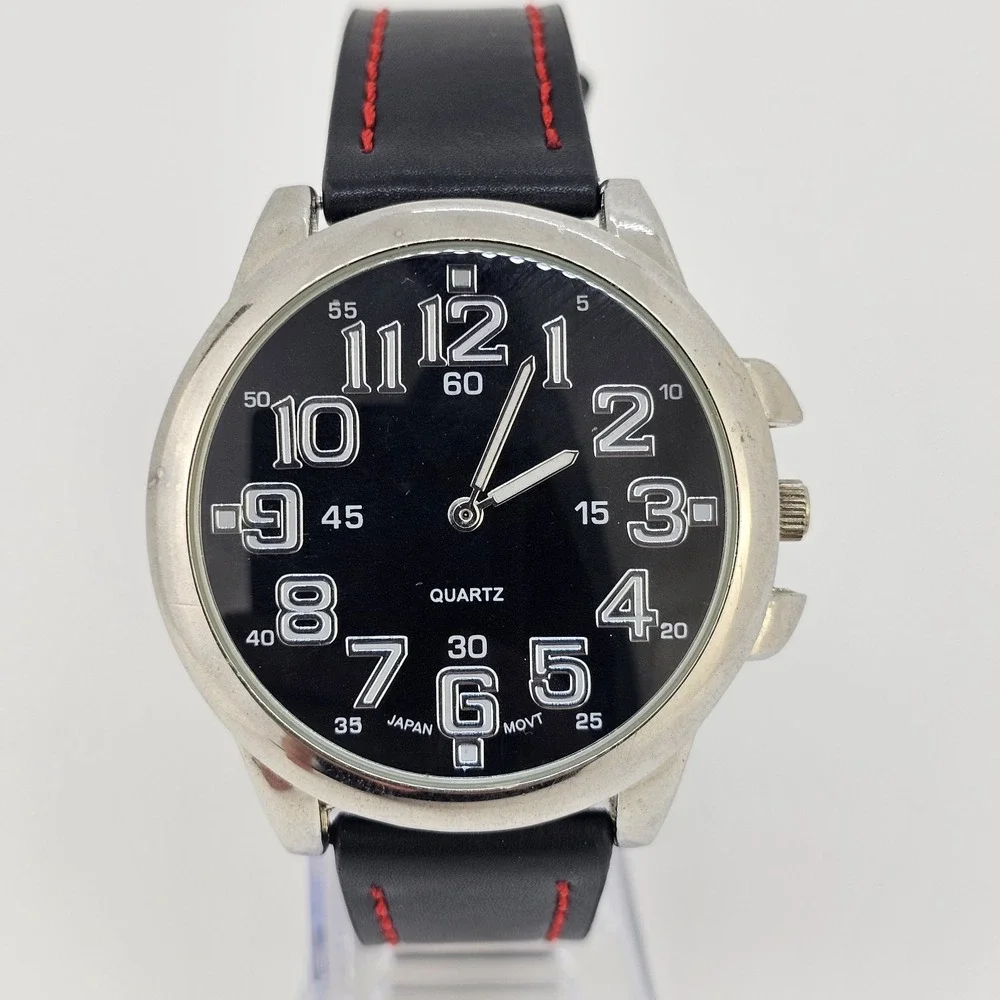 Men's Analog Watch 44MM Black Dial‎ Black Red Faux Leather Bands New Battery